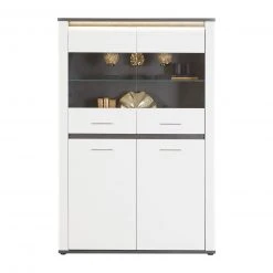 Luca Bessoni Highboardvitrine ALASSIO - weiß Hochglanz - Matera dunkel - 109 cm