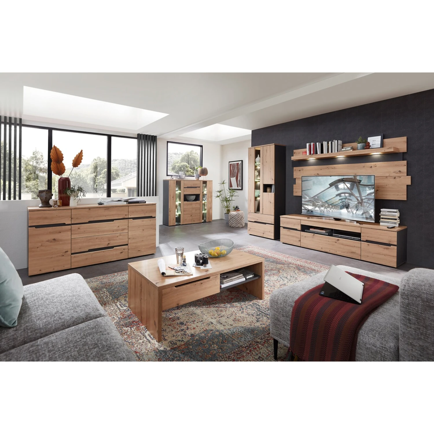 Highboardvitrine - Artisan Eiche - Graphit - 145 cm 3 Highboardvitrine - Artisan Eiche - Graphit - 145 cm – Bild 3