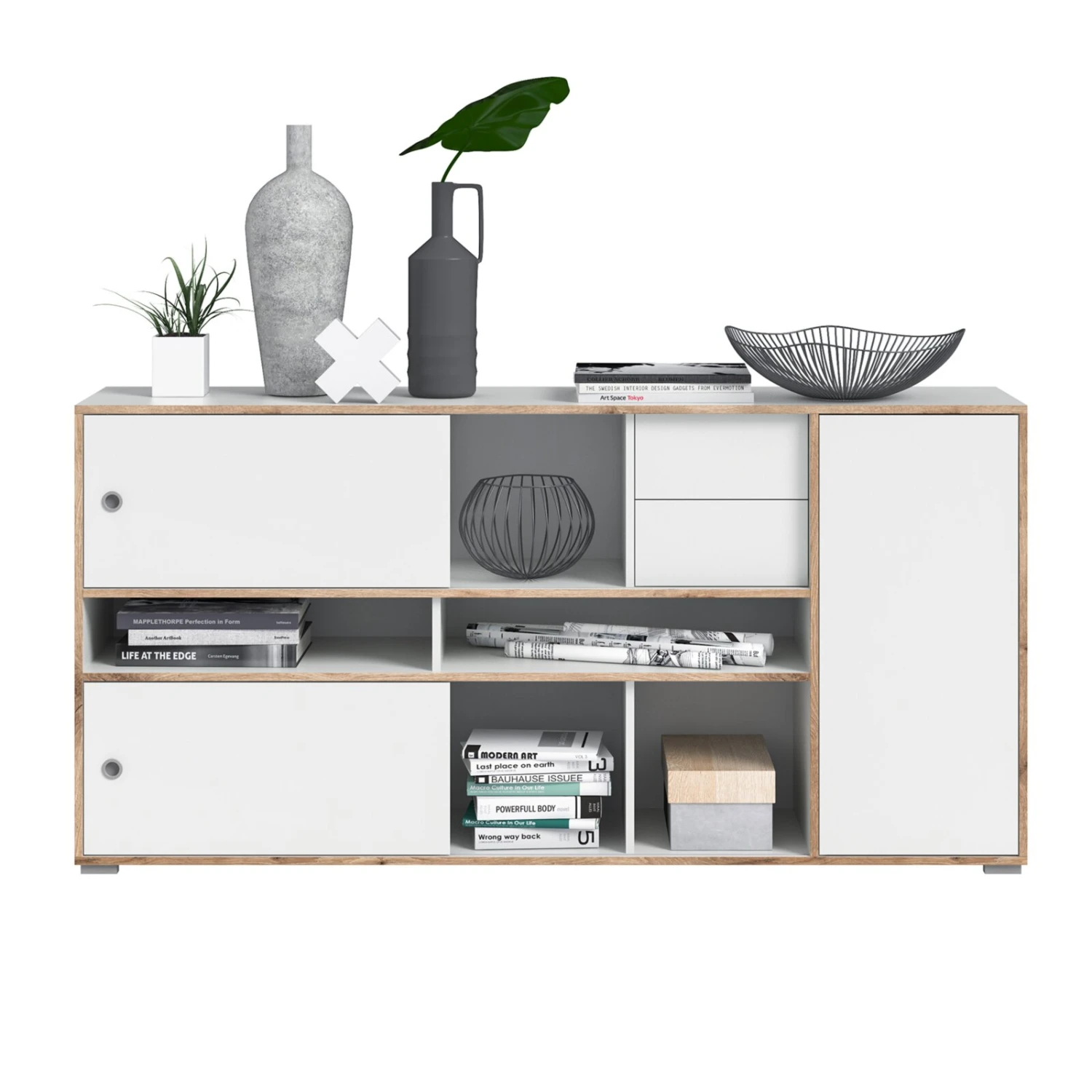 Kommode JESPER - weiß-Eiche - 2 Schiebetüren - 181 cm 2 Kommode JESPER - weiß-Eiche - 2 Schiebetüren - 181 cm – Bild 2