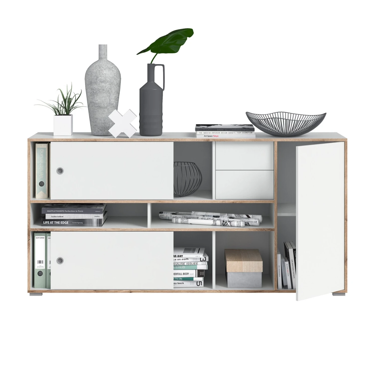 Kommode JESPER - weiß-Eiche - 2 Schiebetüren - 181 cm 3 Kommode JESPER - weiß-Eiche - 2 Schiebetüren - 181 cm – Bild 3