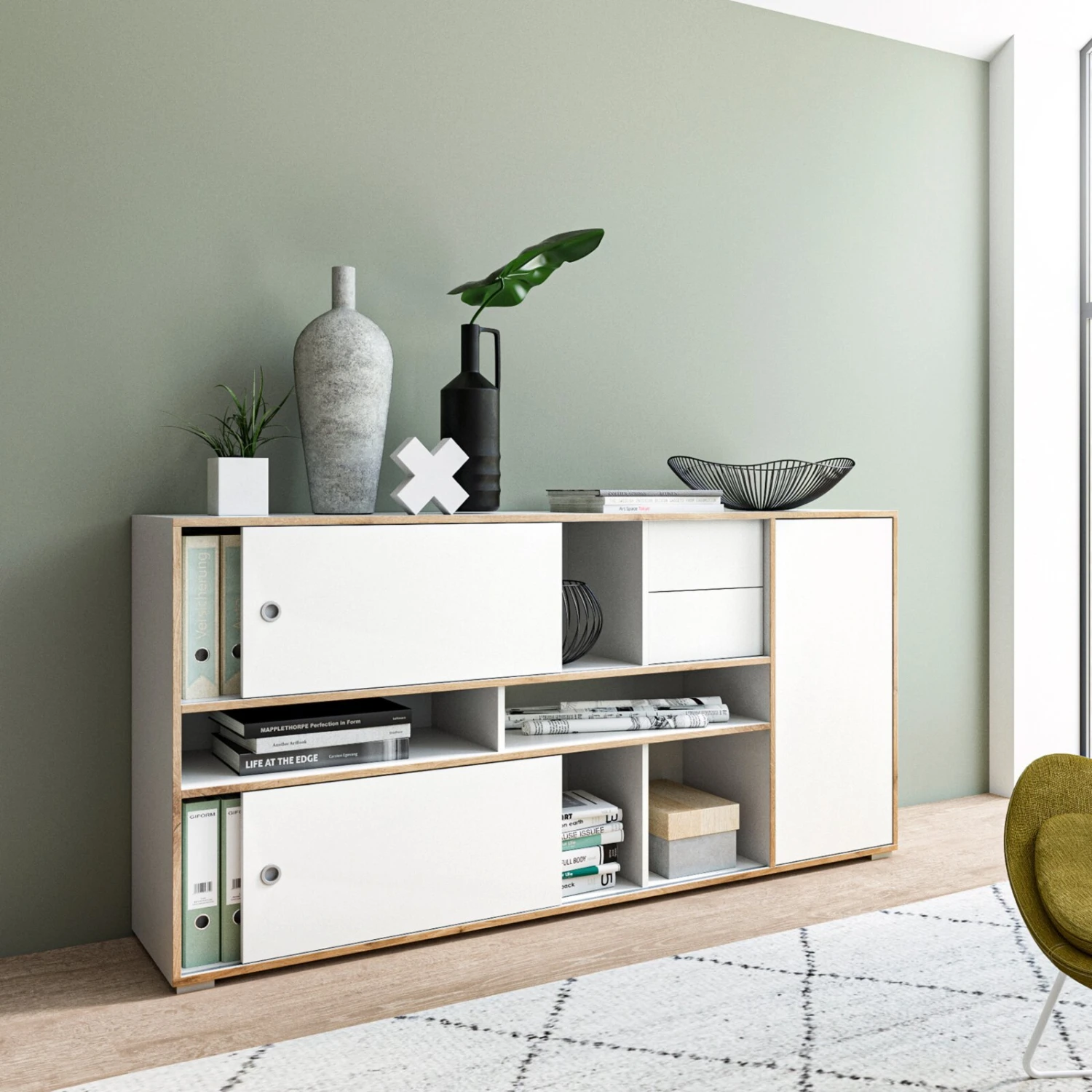 Kommode JESPER - weiß-Eiche - 2 Schiebetüren - 181 cm 5 Kommode JESPER - weiß-Eiche - 2 Schiebetüren - 181 cm – Bild 5