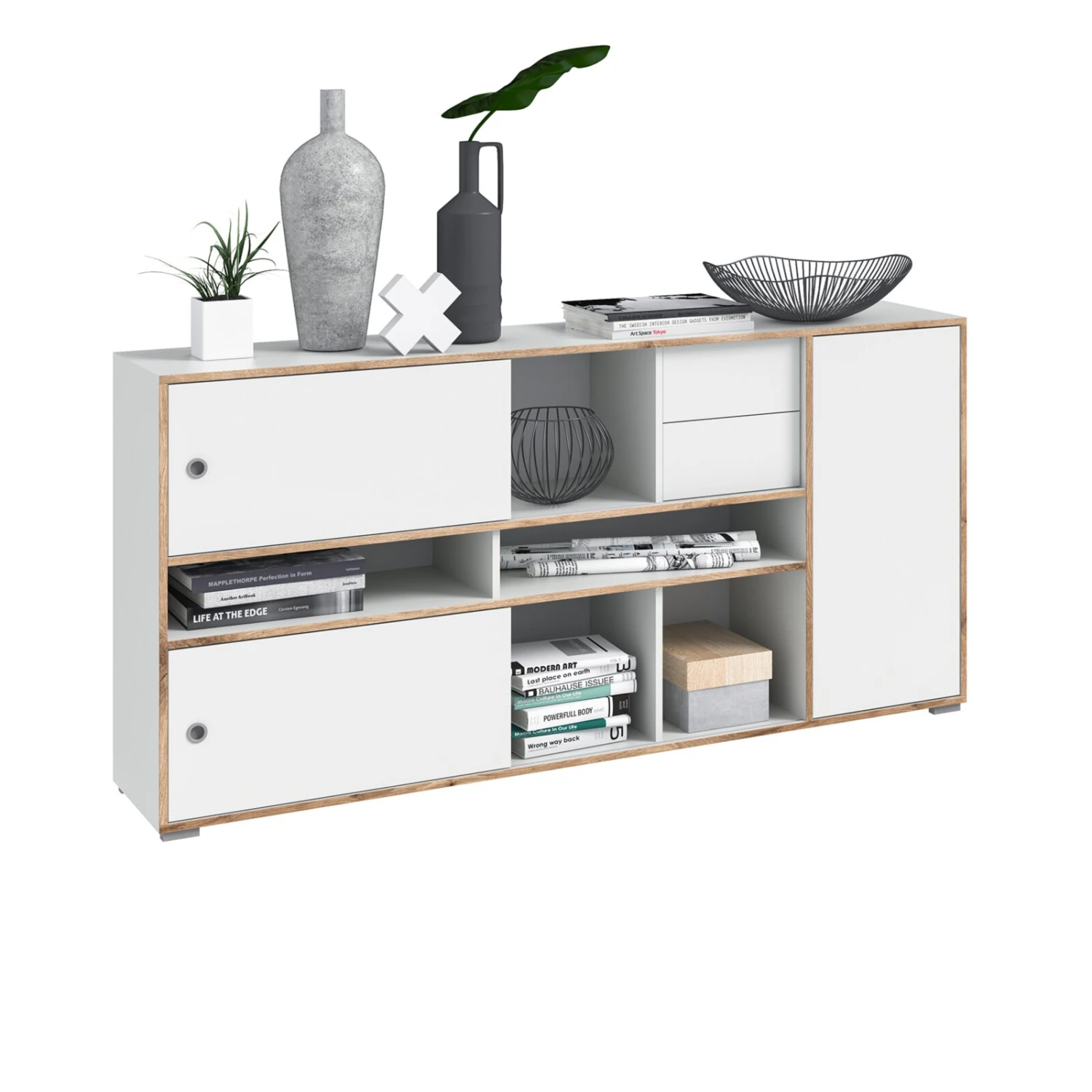 Kommode JESPER - weiß-Eiche - 2 Schiebetüren - 181 cm 1 Kommode JESPER - weiß-Eiche - 2 Schiebetüren - 181 cm