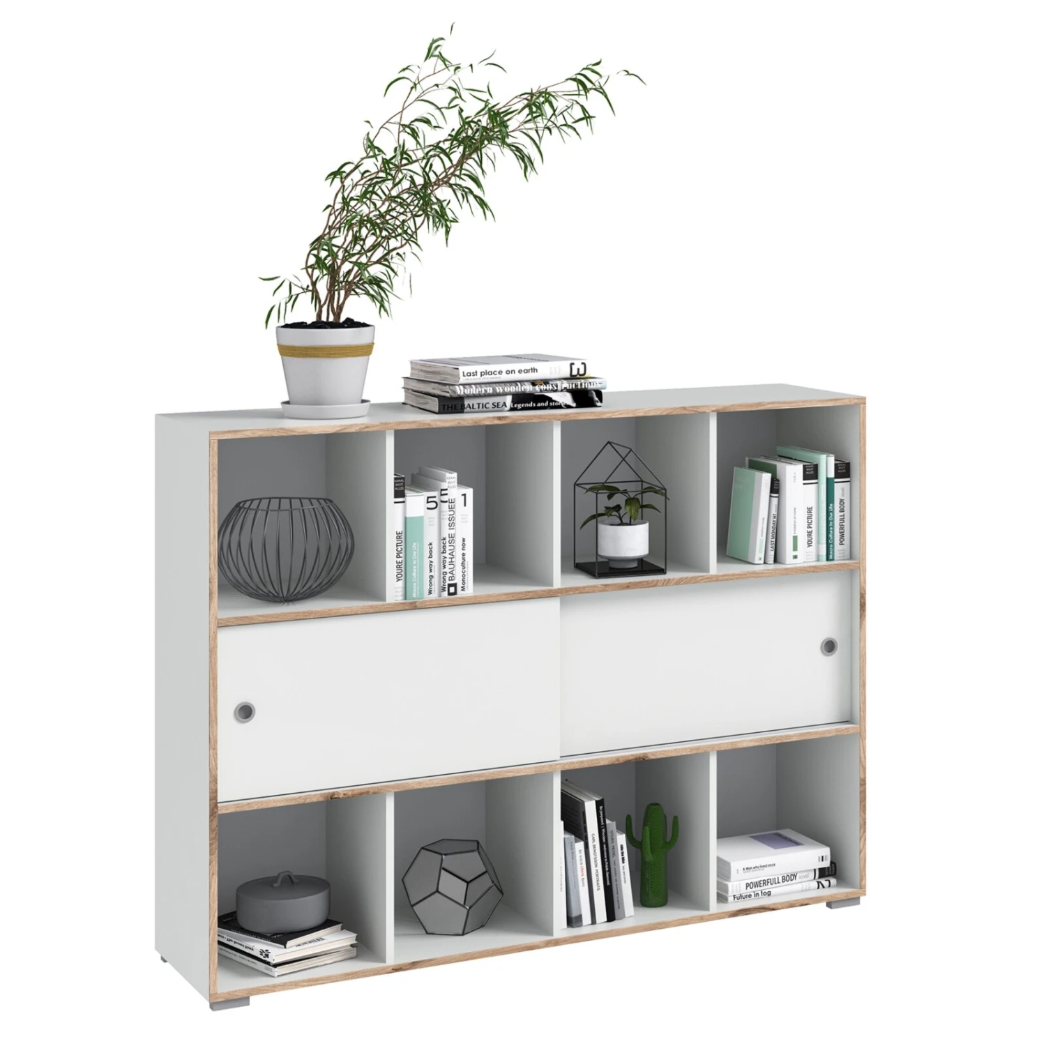 Kommode JESPER - weiß-Eiche - 8 offene Fächer - 141 cm 1 Kommode JESPER - weiß-Eiche - 8 offene Fächer - 141 cm