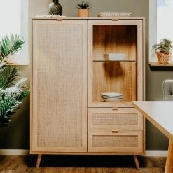Highboardvitrine BALI - Sonoma Eiche-Rafia geflecht - 101 cm breit -Esszimmer Verkaufsgeschäft 1332003100 10 1600Wx1600H