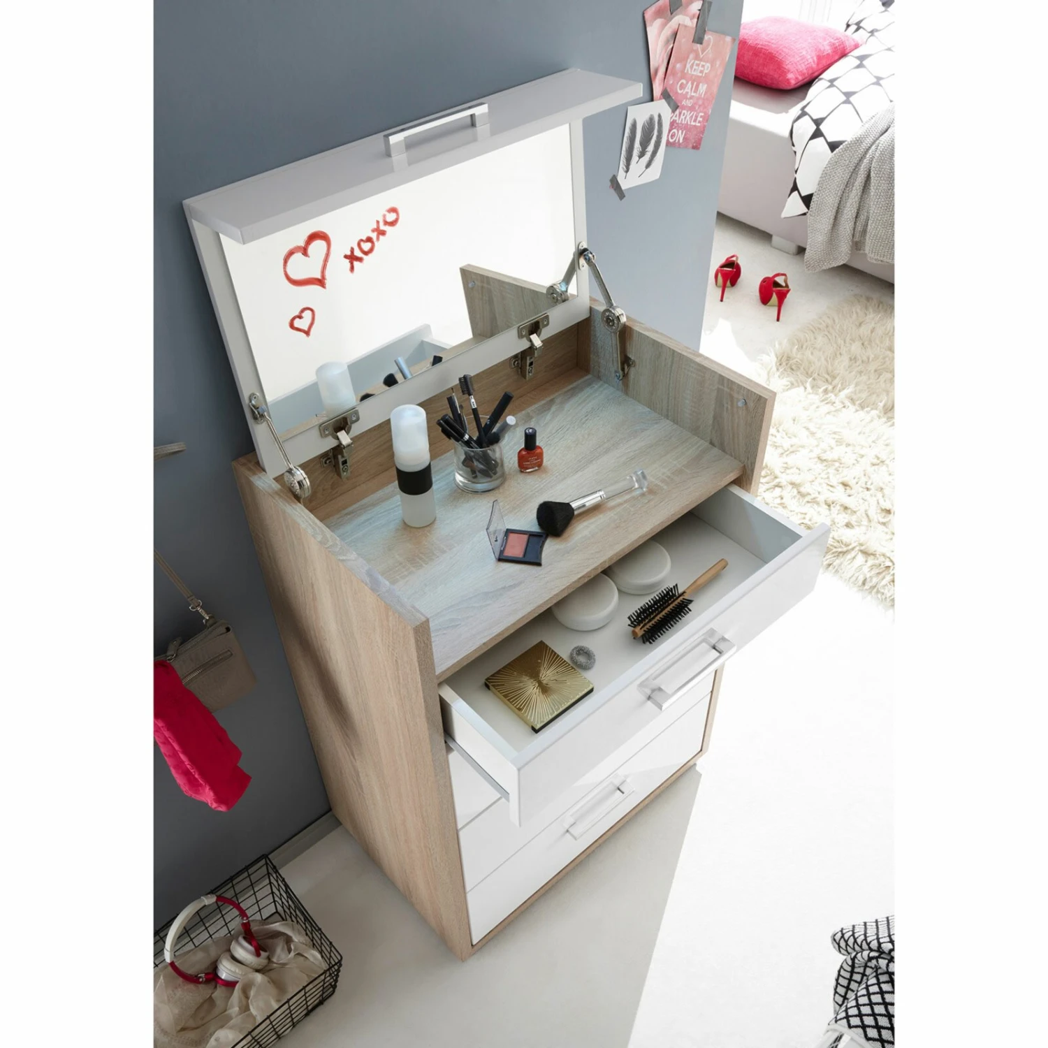 Schminkkommode - Sonoma Eiche-weiß - Beleuchtung - 65 cm breit 2 Schminkkommode - Sonoma Eiche-weiß - Beleuchtung - 65 cm breit – Bild 2