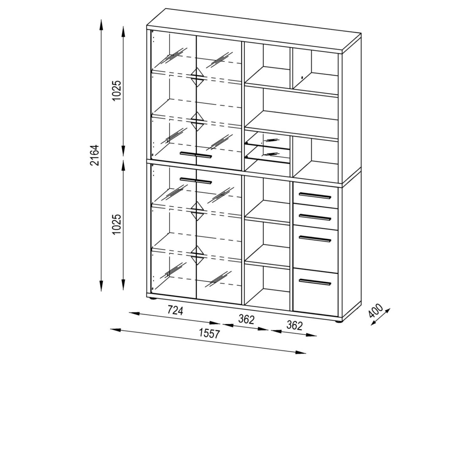 Highboard-Regal-Kombi SET+ - Eiche - Grauglas - 156 cm 2 Highboard-Regal-Kombi SET+ - Eiche - Grauglas - 156 cm – Bild 2