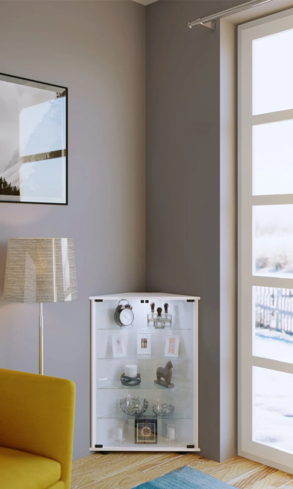 Eckvitrine JECKA - weiß - mit Beleuchtung 2 Eckvitrine JECKA - weiß - mit Beleuchtung – Bild 2